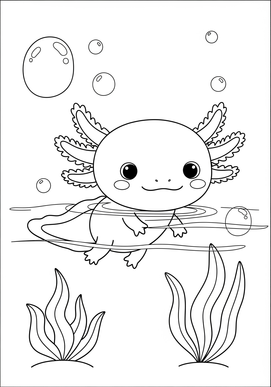 Desenho de Axolote sorridente na água rodeado de bolhas