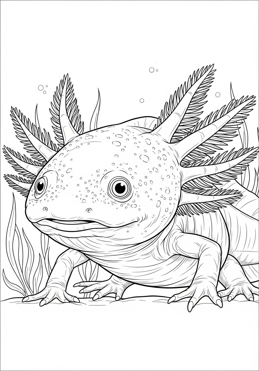 Desenho de Axolote com detalhes em seu habitat aquático