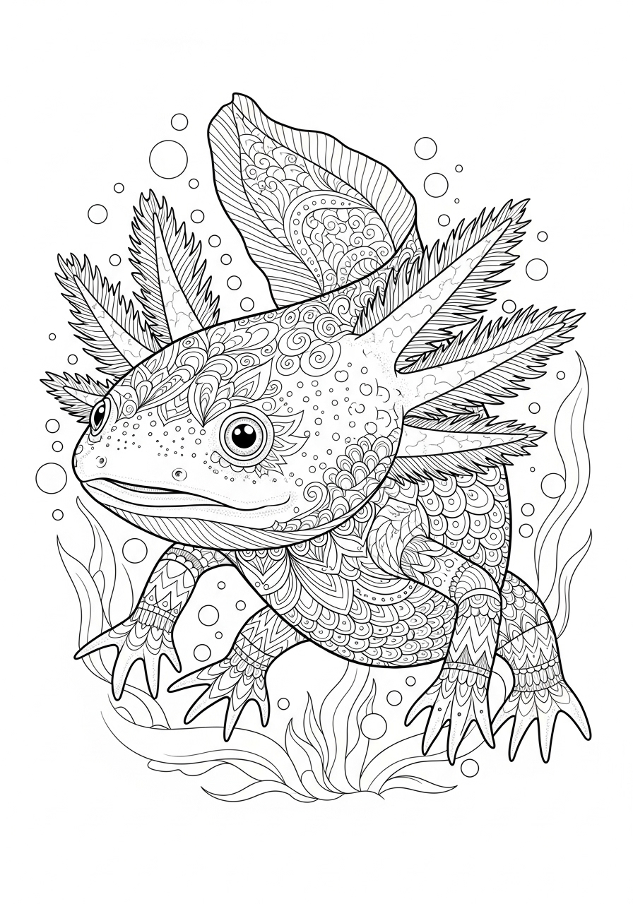 Desenho de Axolote detalhado em linha para colorir