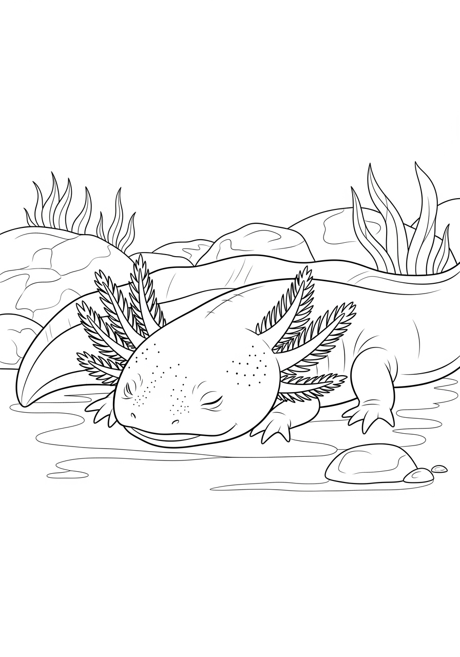 Desenho de Axolote em um ambiente aquático para colorir