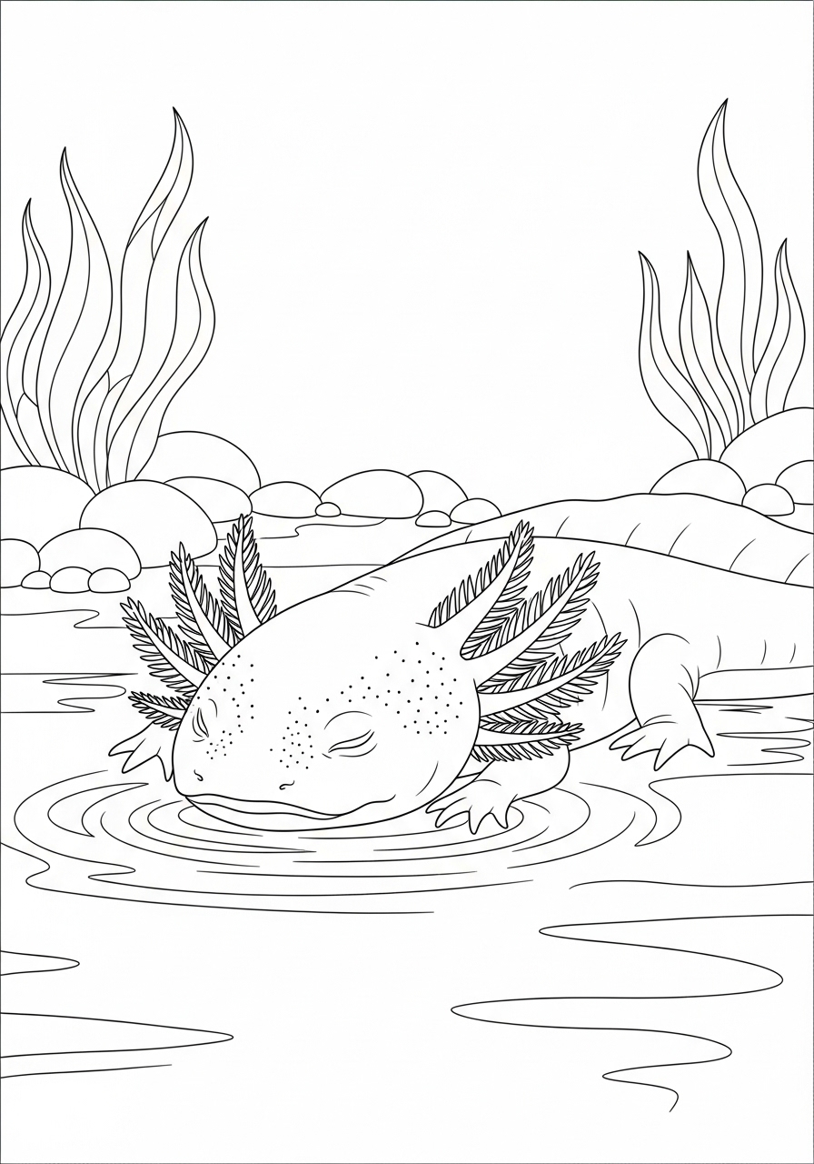 Desenho de Axolote em ambiente aquático para colorir