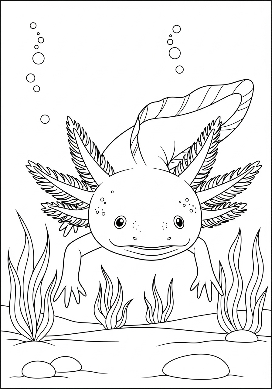 Desenho de Axolote nadando entre plantas para colorir