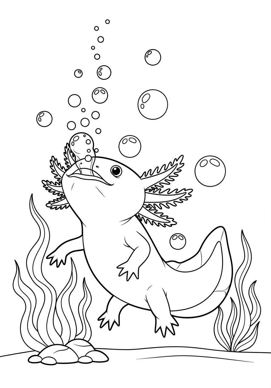 Desenho de Axolote nadando embaixo d'agua para colorir