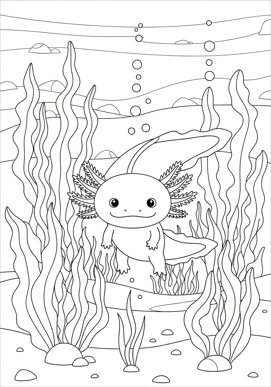 Desenho de Axolote no fundo do lago para colorir