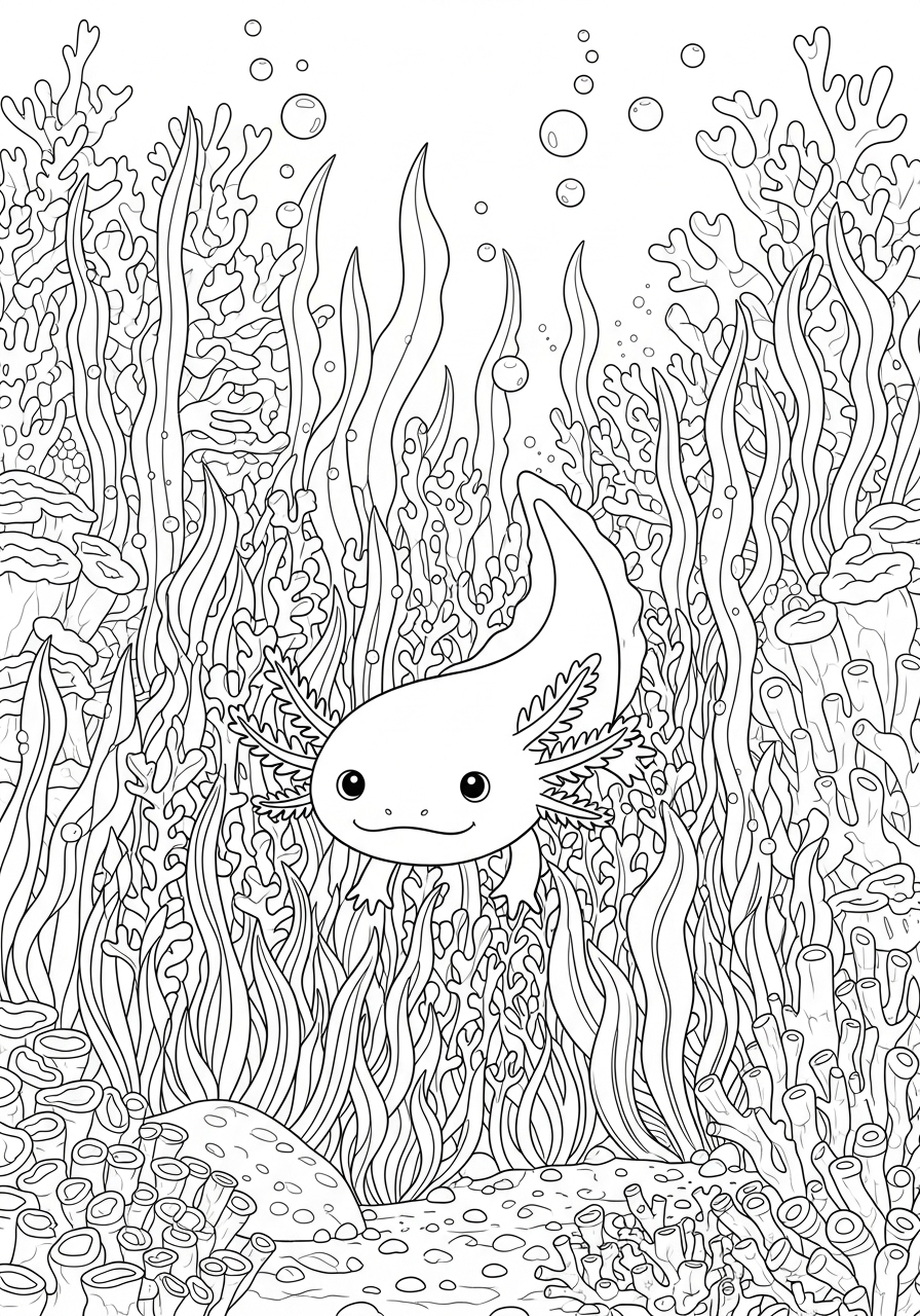 Desenho de Axolote entre plantas marinhas para colorir