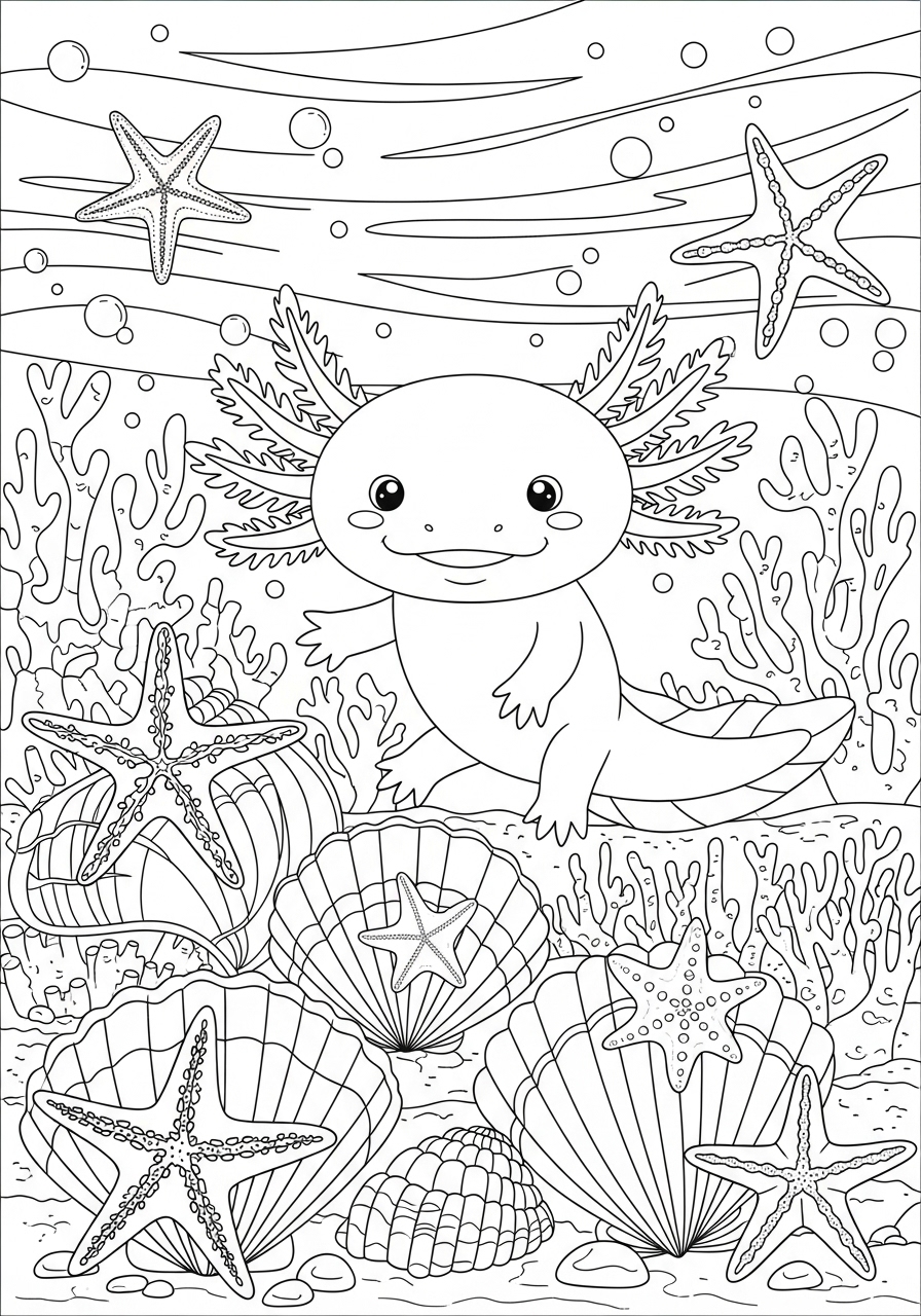 Desenho de Axolote em ambiente marinho para colorir