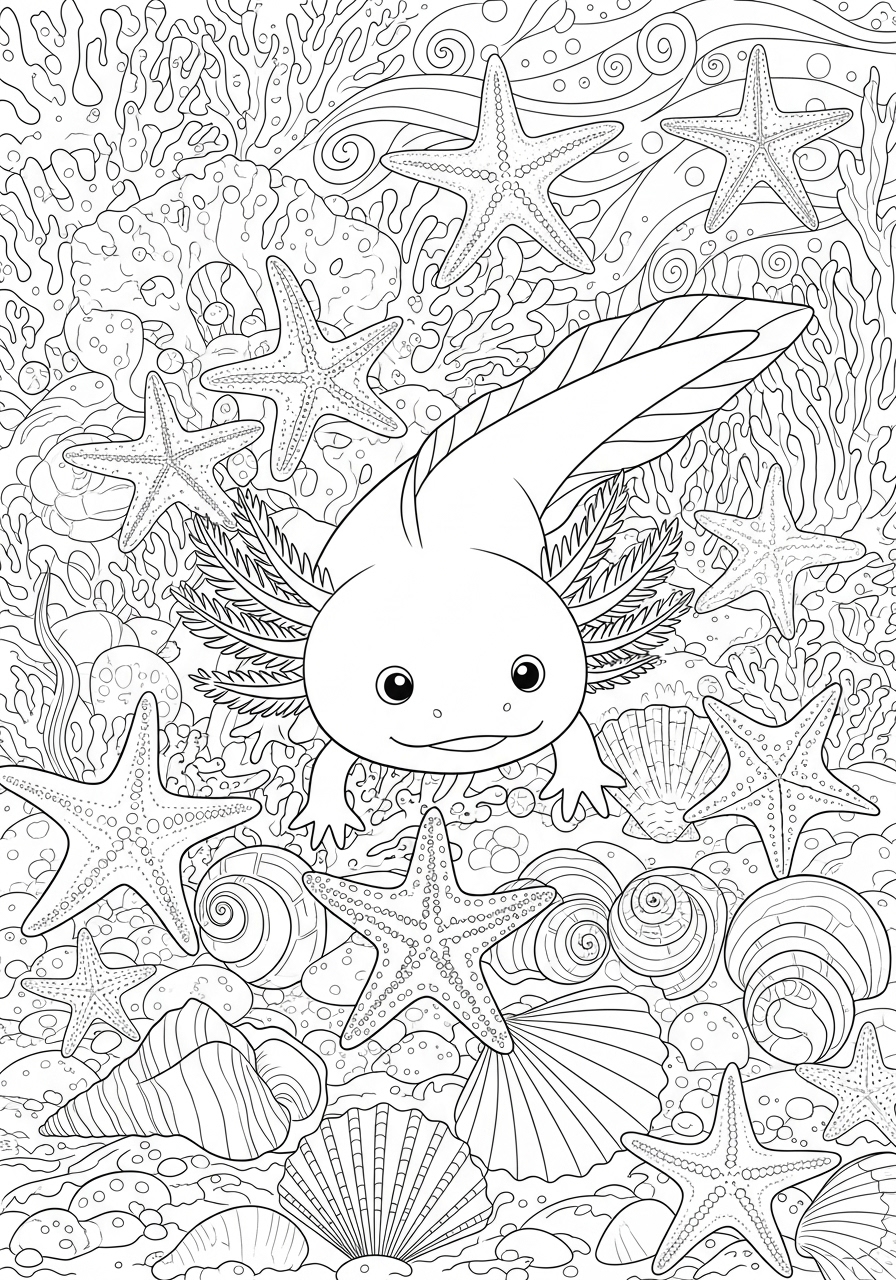 Desenho de Axolote rodeado de estrelas do mar para colorir