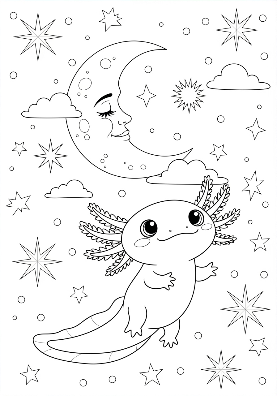 Desenho de Axolote com lua e estrelas para colorir