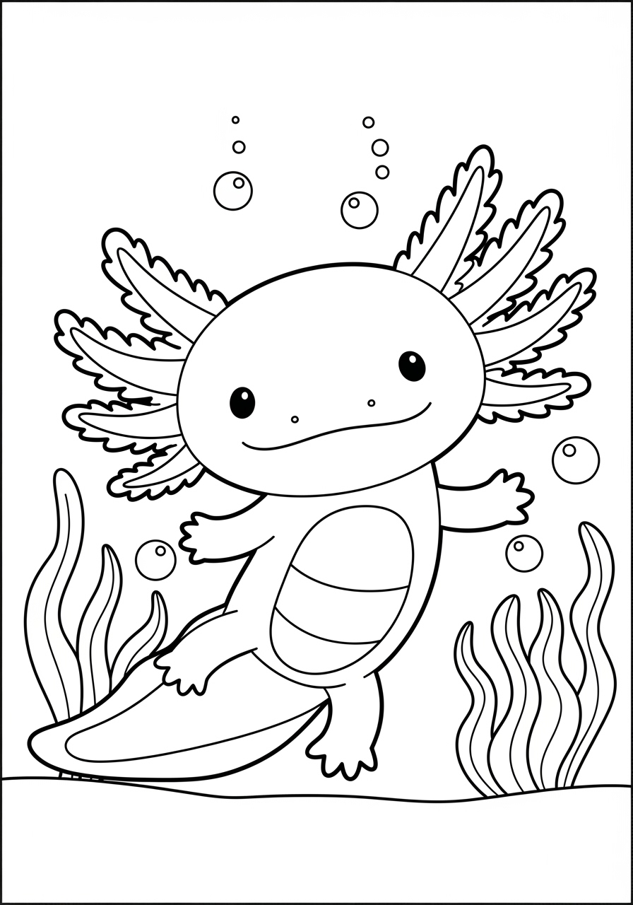Desenho de Axolote nadando entre plantas e bolhas