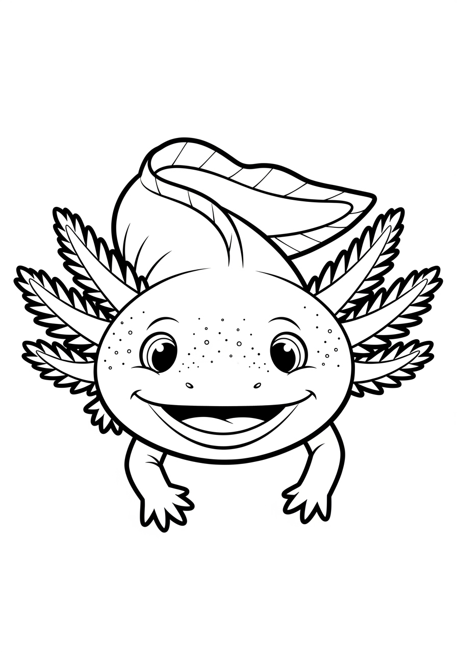 Desenho de Axolote com sorriso e nadadeiras para colorir