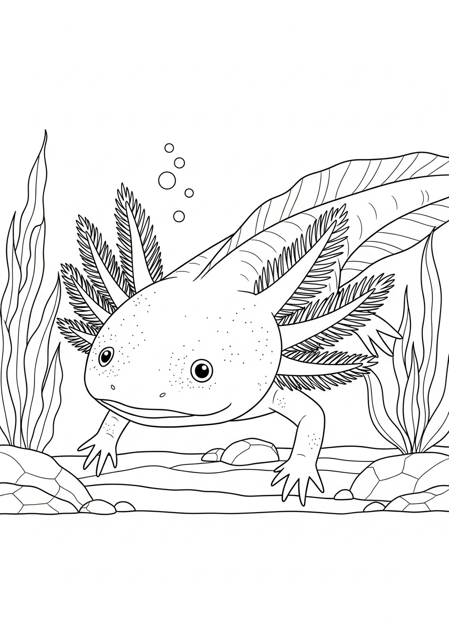 Desenho de Axolote nadando entre plantas para colorir