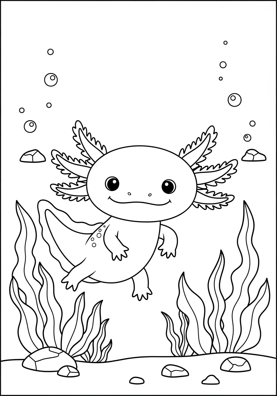 Desenho de Axolote nadando entre plantas para colorir