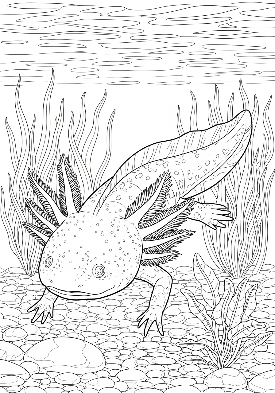 Desenho de Axolote nadando entre plantas aquáticas