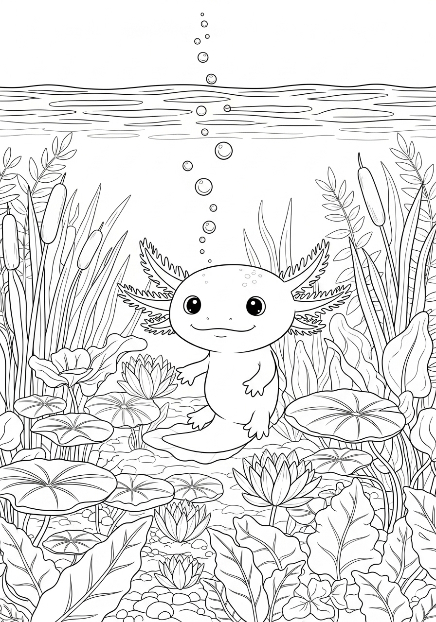 Desenho de Axolote em ambiente aquático para colorir