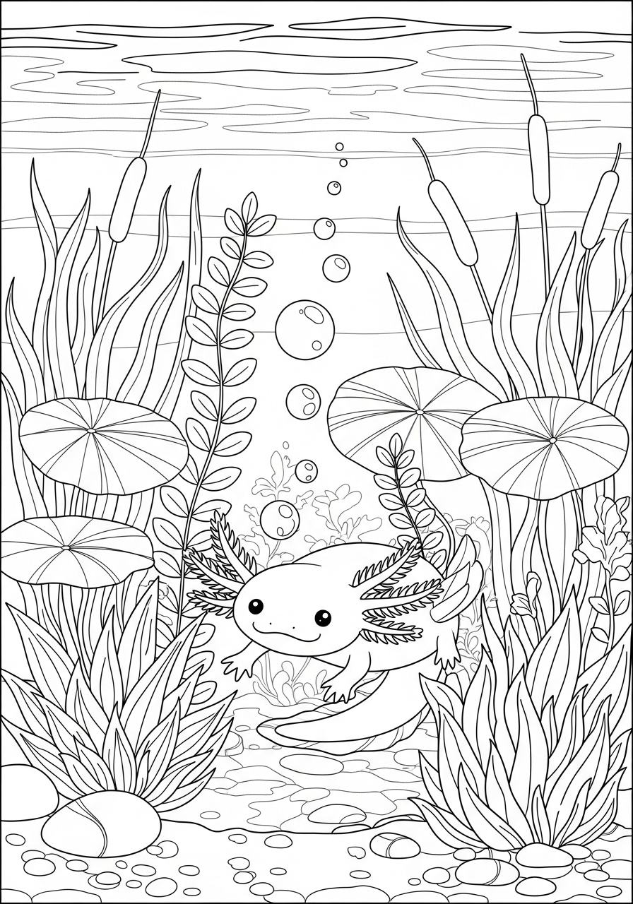 Desenho de Axolote no fundo do lago para colorir