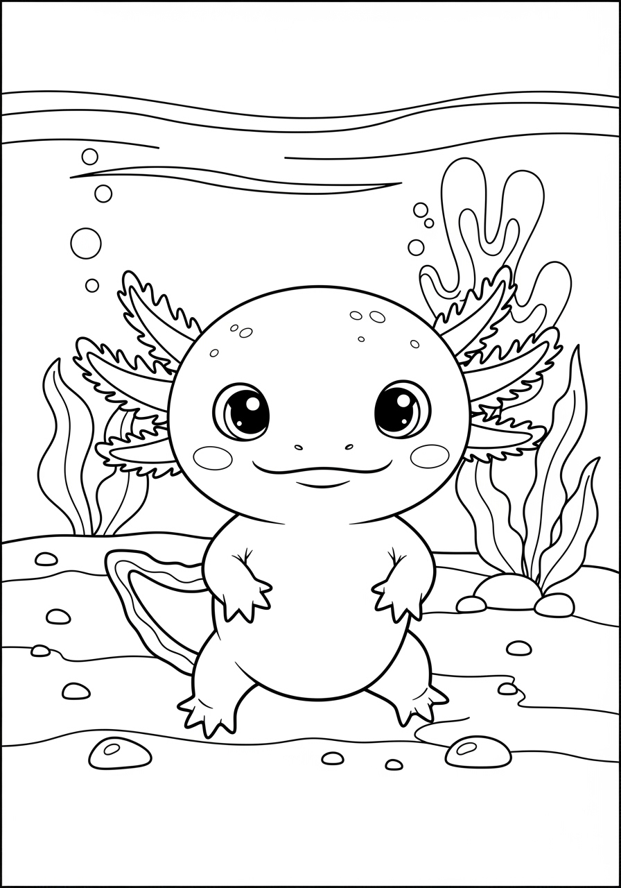 Desenho de Axolote sorridente no fundo do aquário