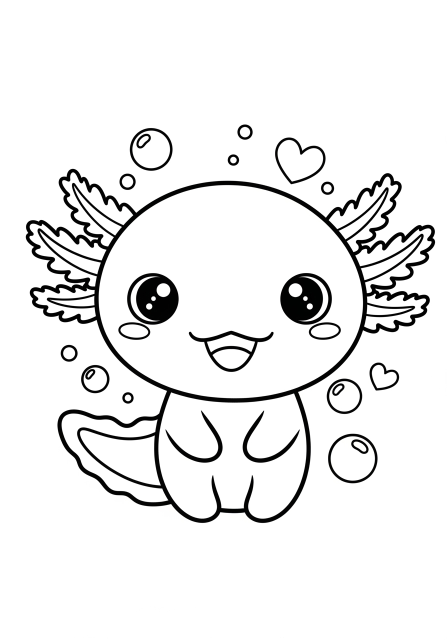 Desenho de Axolote sorridente com bolhas e corações