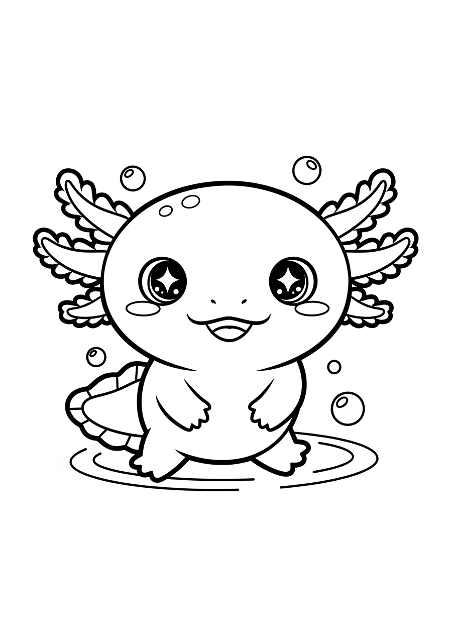 Desenho de Axolote alegre com bolhas para colorir