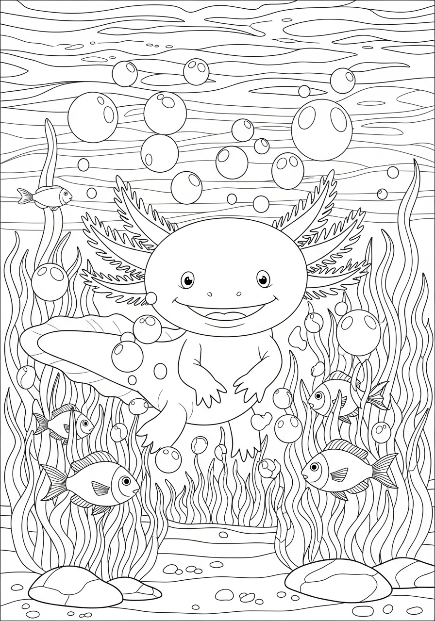 Desenho de Axolote com peixes em um fundo aquático
