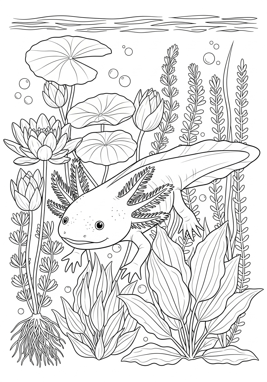 Desenho de Axolote nadando entre plantas aquáticas