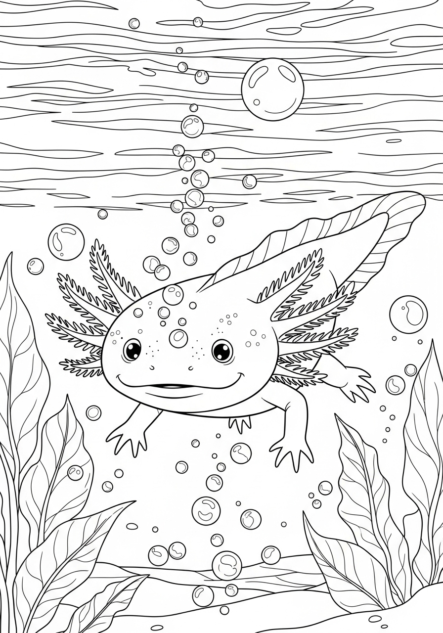 Desenho de Axolote com bolhas para colorir
