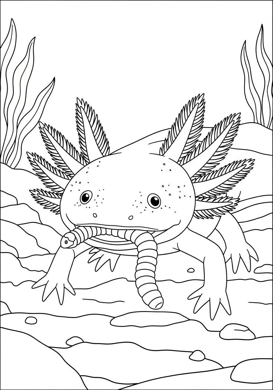 Desenho de Axolote no fundo do lago para colorir