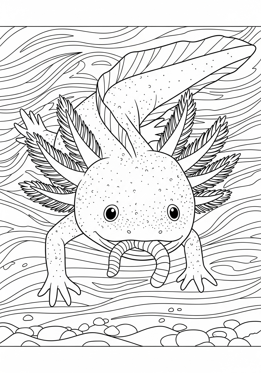 Desenho de Axolote nadando em linhas onduladas para colorir