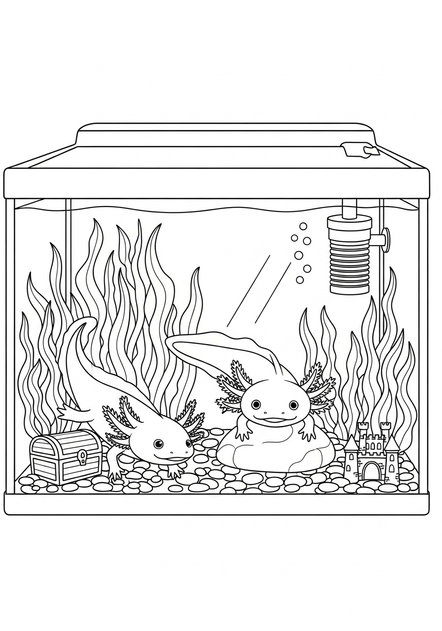 Desenho de Axolote no aquário para colorir