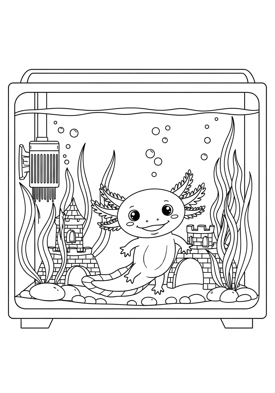 Desenho de Axolote feliz em aquário para colorir
