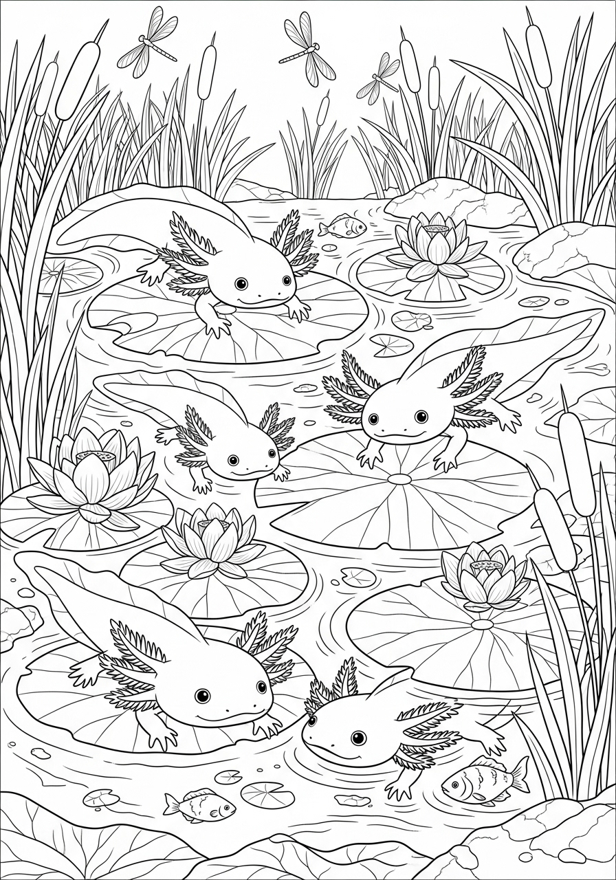 Desenho de Axolote em lago com plantas para colorir