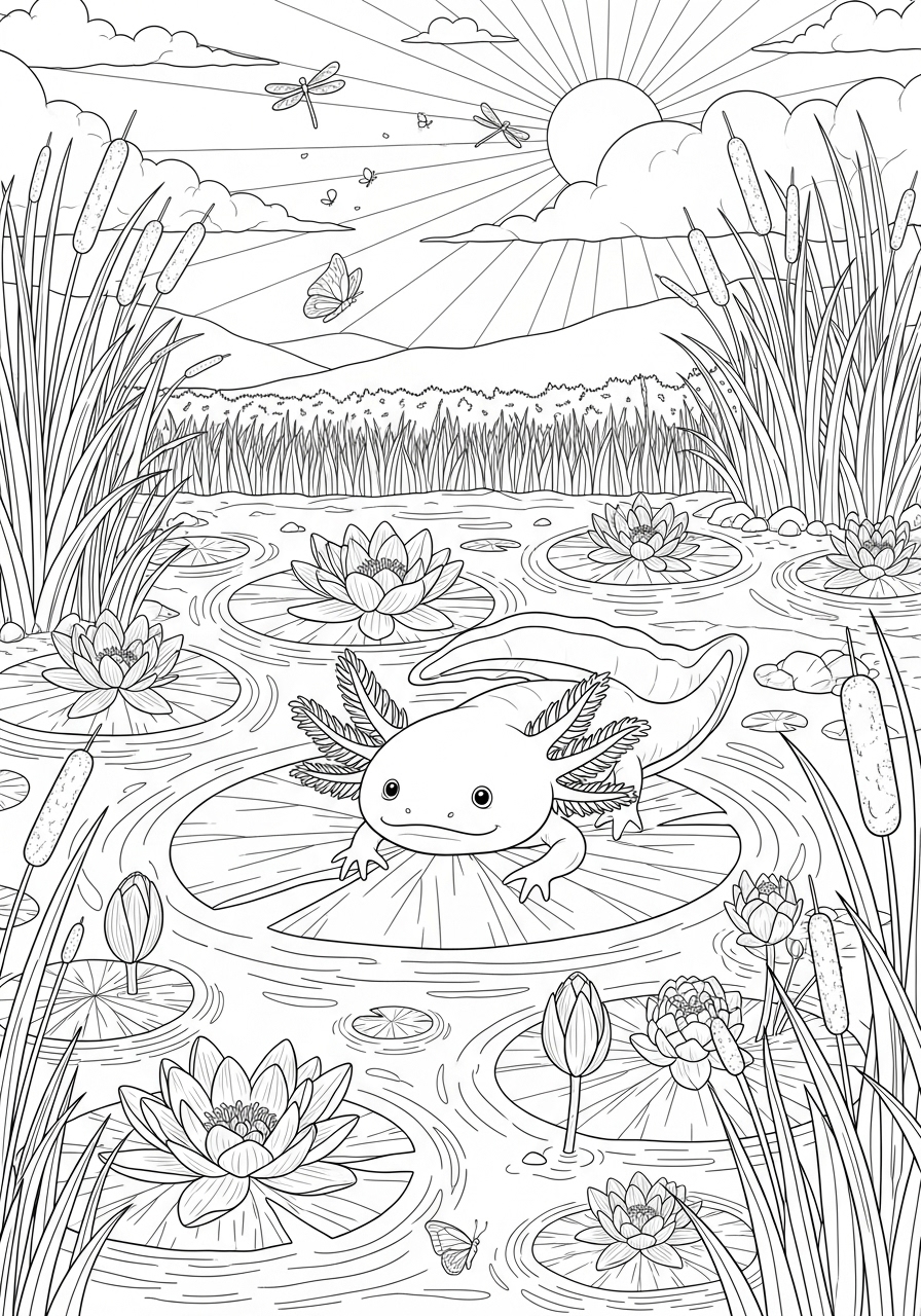 Desenho de Axolote nadando em lagoa com plantas e flores