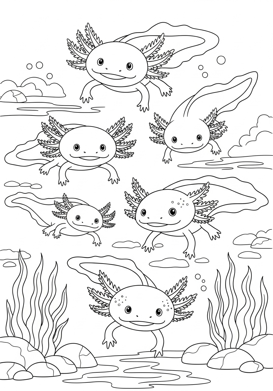 Desenho de Axolote nadando em ambiente aquatico para colorir