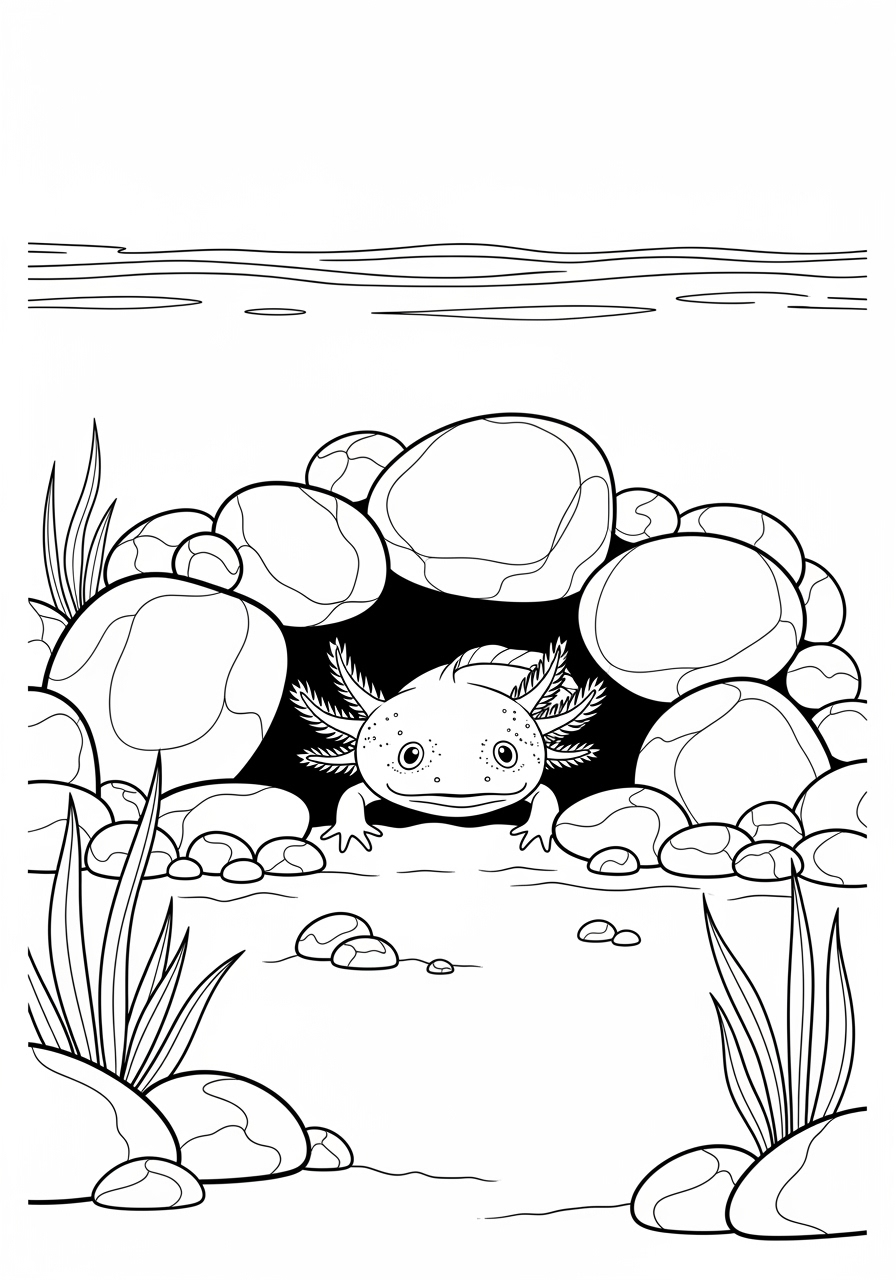 Desenho de Axolote saindo de uma toca para colorir