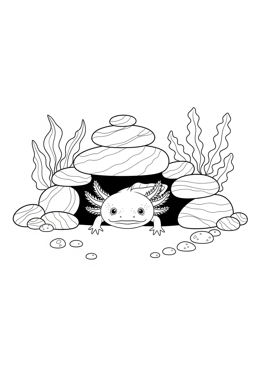 Desenho de Axolote embaixo de pedras para colorir