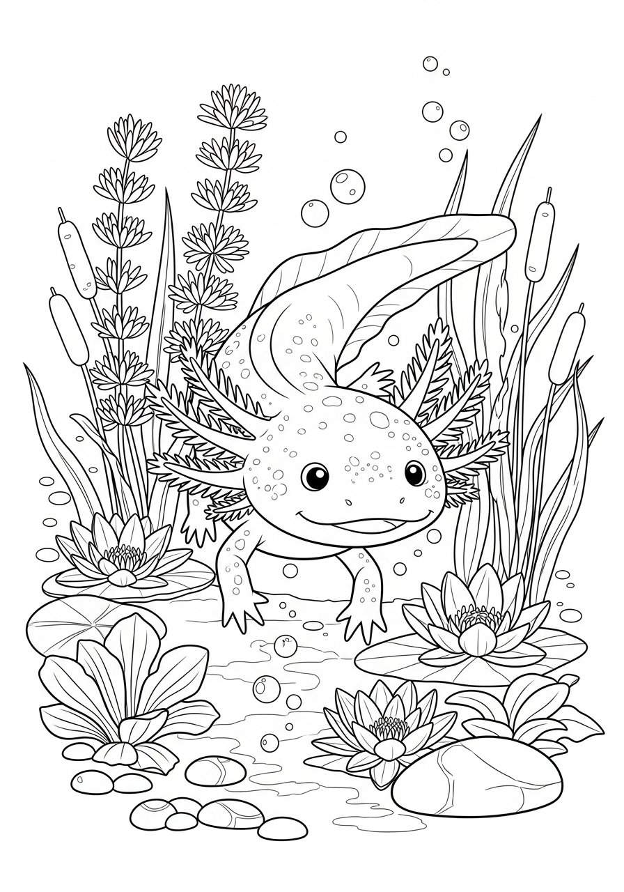 Desenho de Axolote em meio a plantas aquáticas para colorir