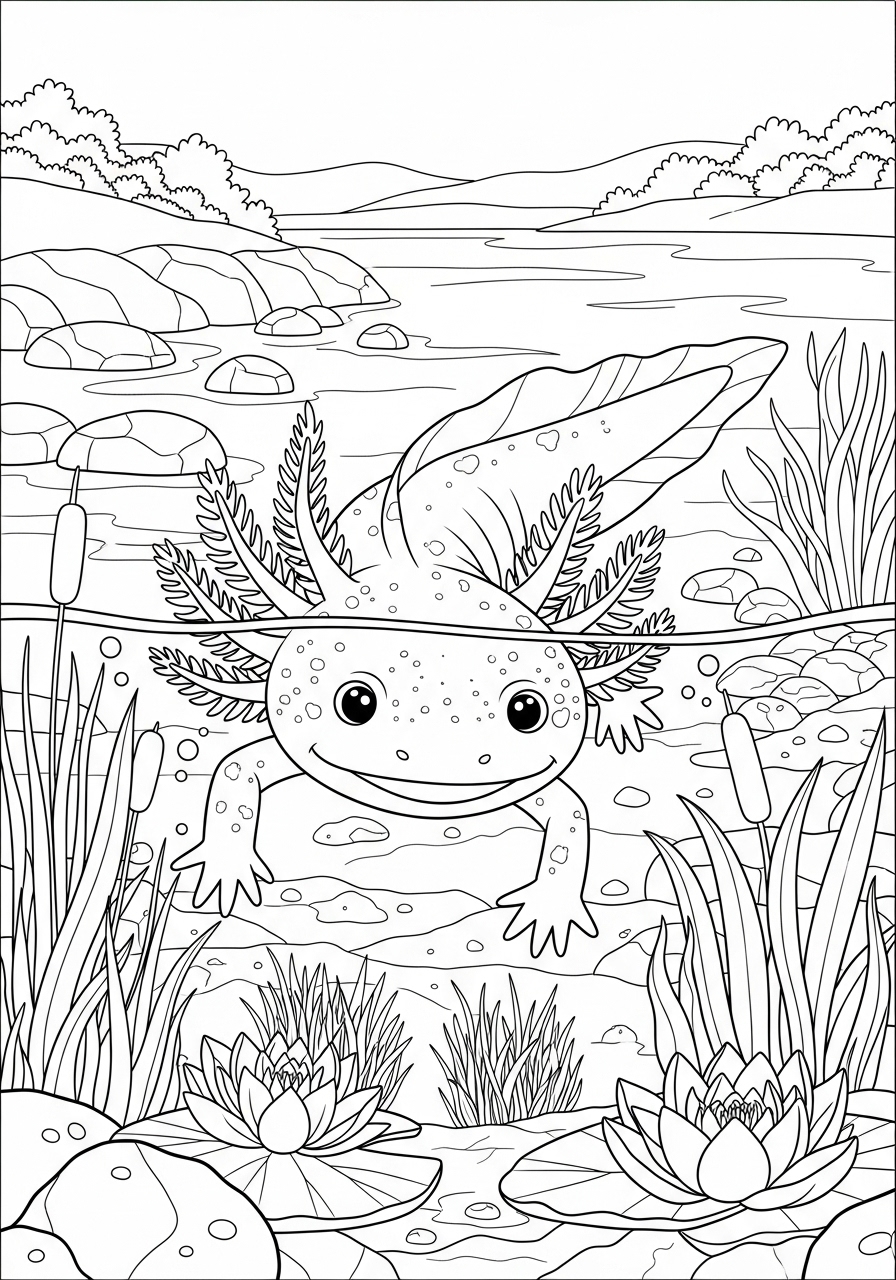 Desenho de Axolote em ambiente aquático para colorir