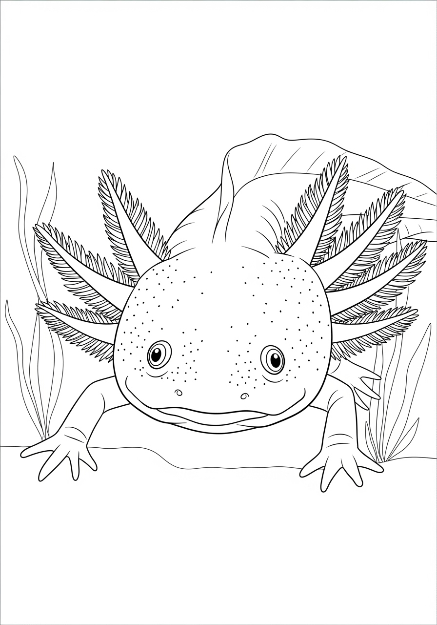 Desenho de Axolote nadando em meio a plantas aquáticas