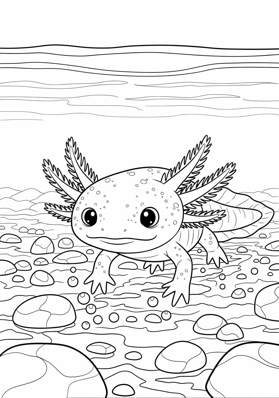 Desenho de Axolote nadando entre pedras para colorir