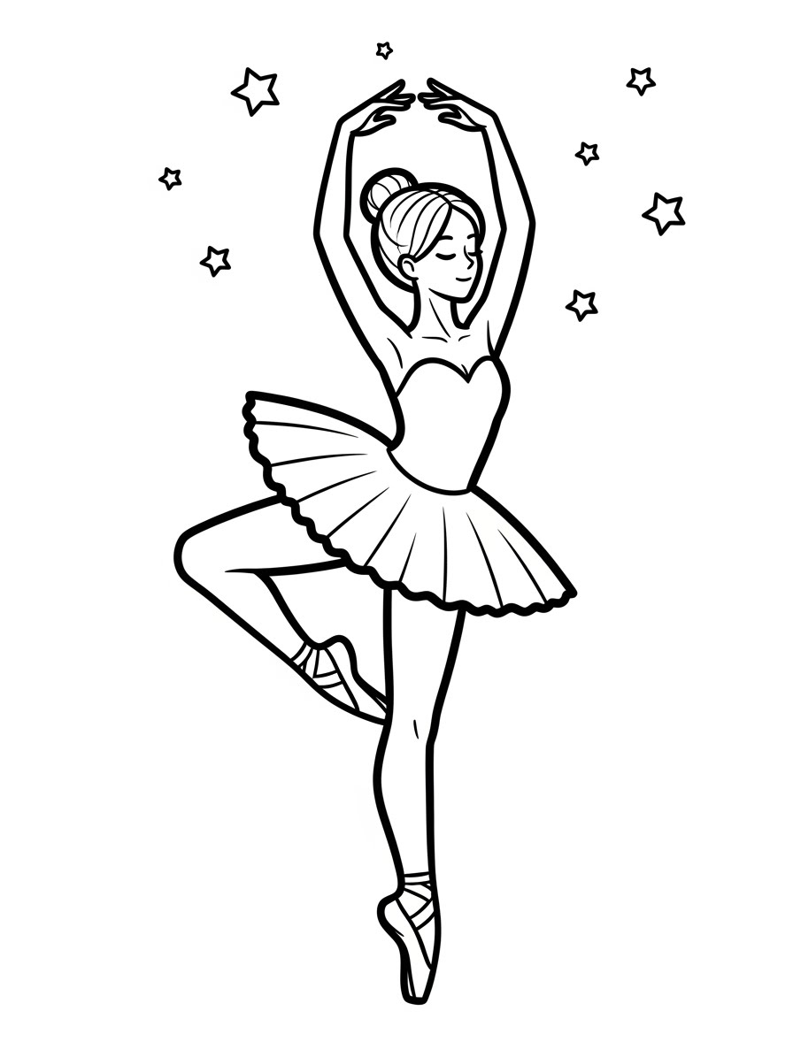 Desenho de Balé com bailarina dançando entre estrelas para colorir