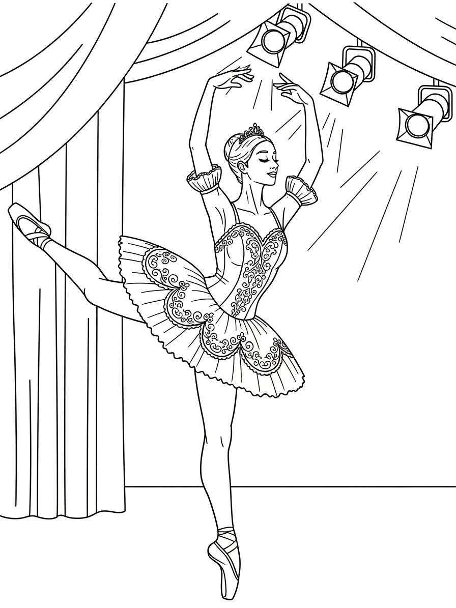 Desenho de Balé com bailarina em palco iluminado para colorir