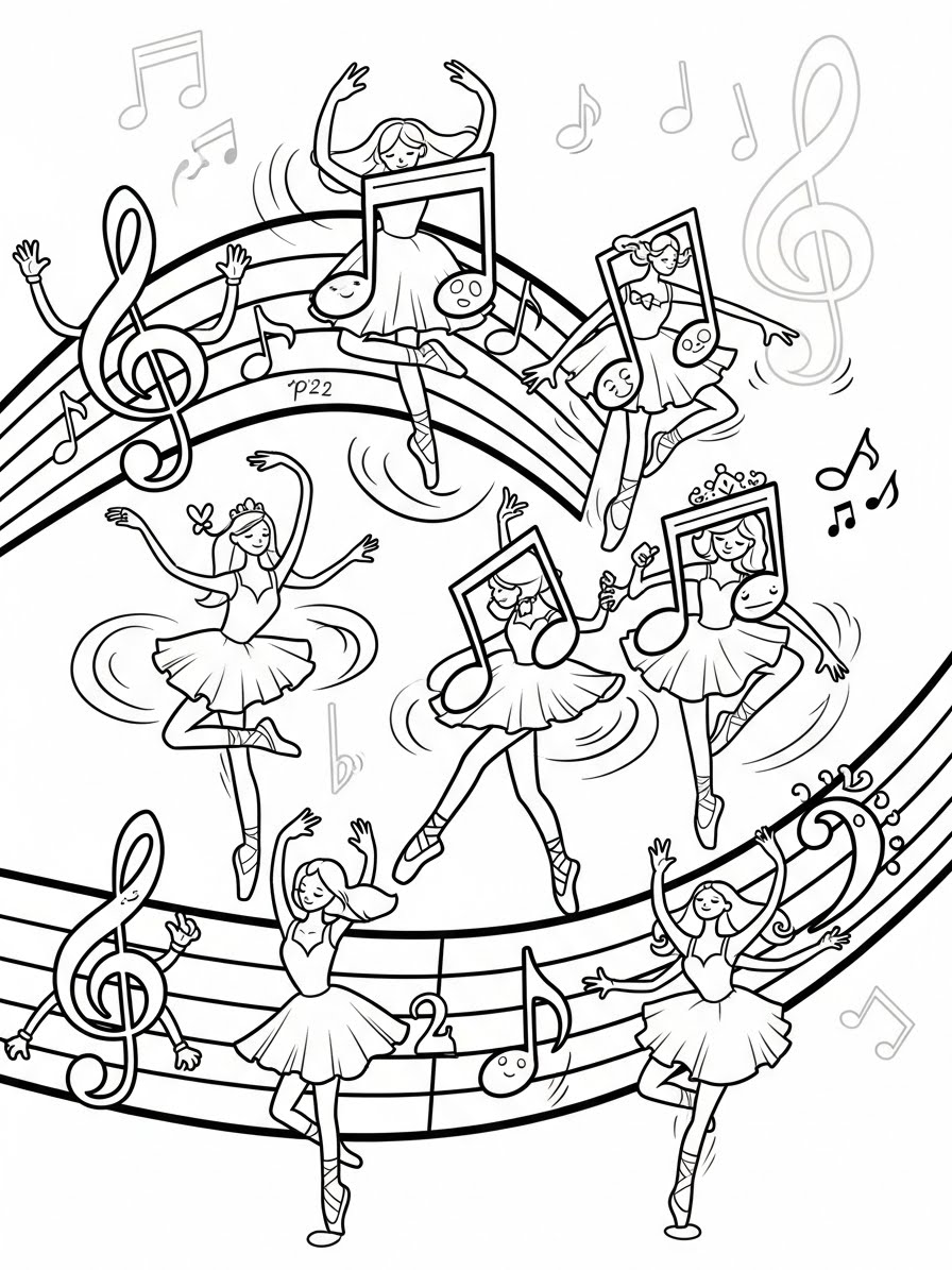 Desenho de Balé com bailarina e notas musicais para colorir