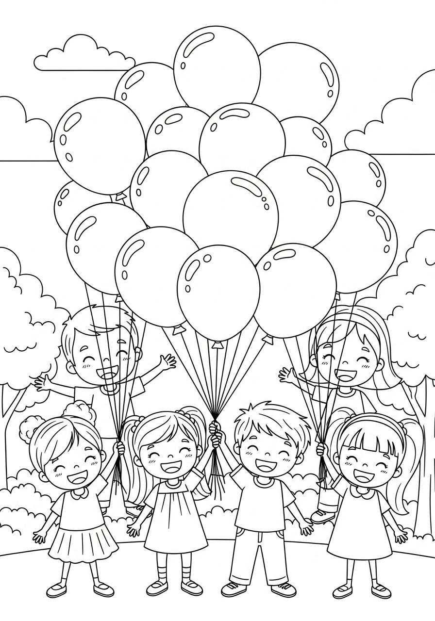 Desenho de Balāo com crianças para colorir