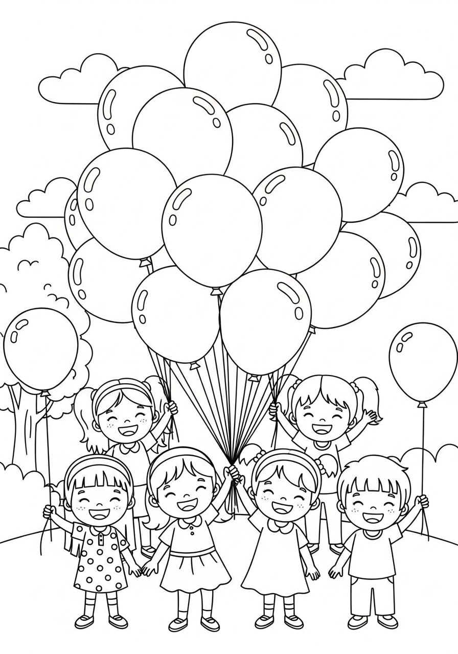 Desenho de Balão de crianças com balões feliz