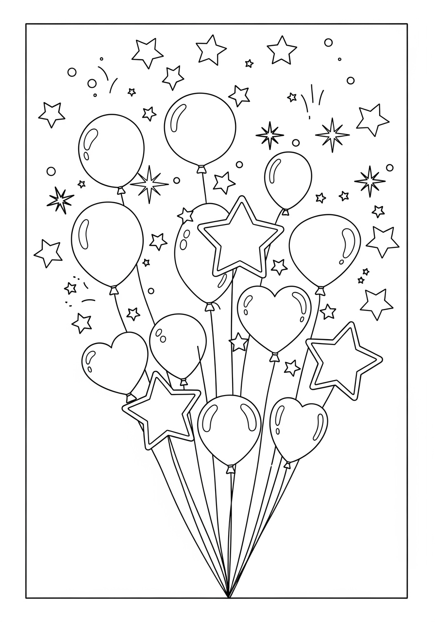 Desenho de Balão com estrelas e corações para colorir