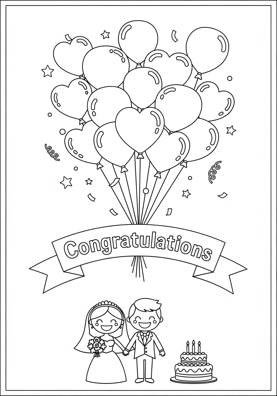 Desenho de Balão de casamento com noivos e bolo