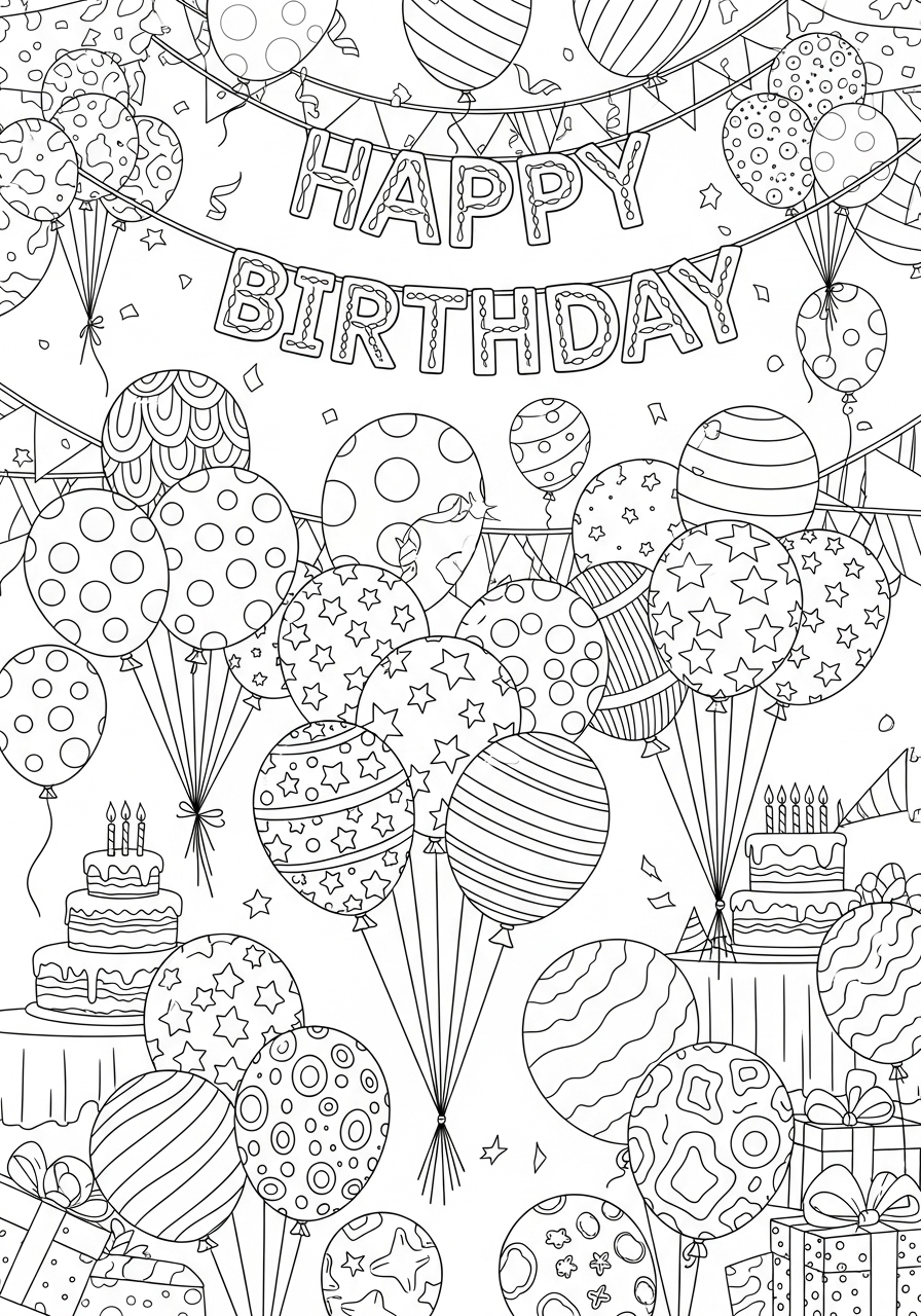 Desenho de Balões com tema de aniversário para colorir