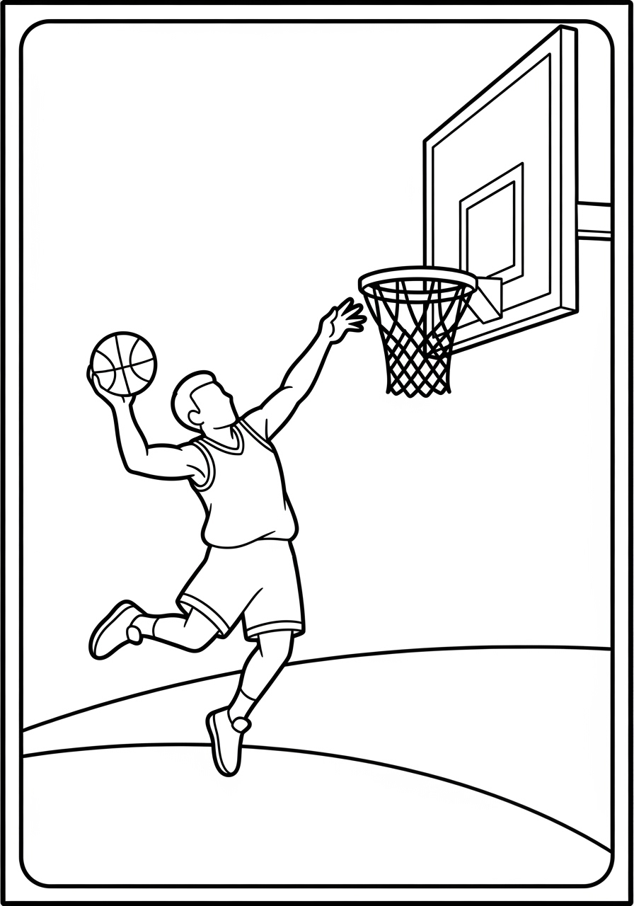Desenho de Basquetebol com jogador fazendo uma enterrada para colorir