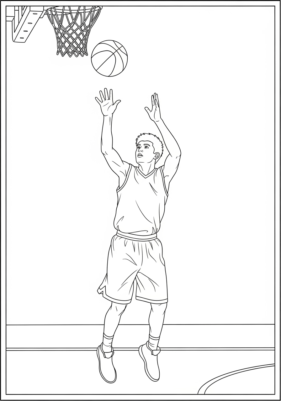 Desenho de jogador de basquetebol arremessando a bola para colorir