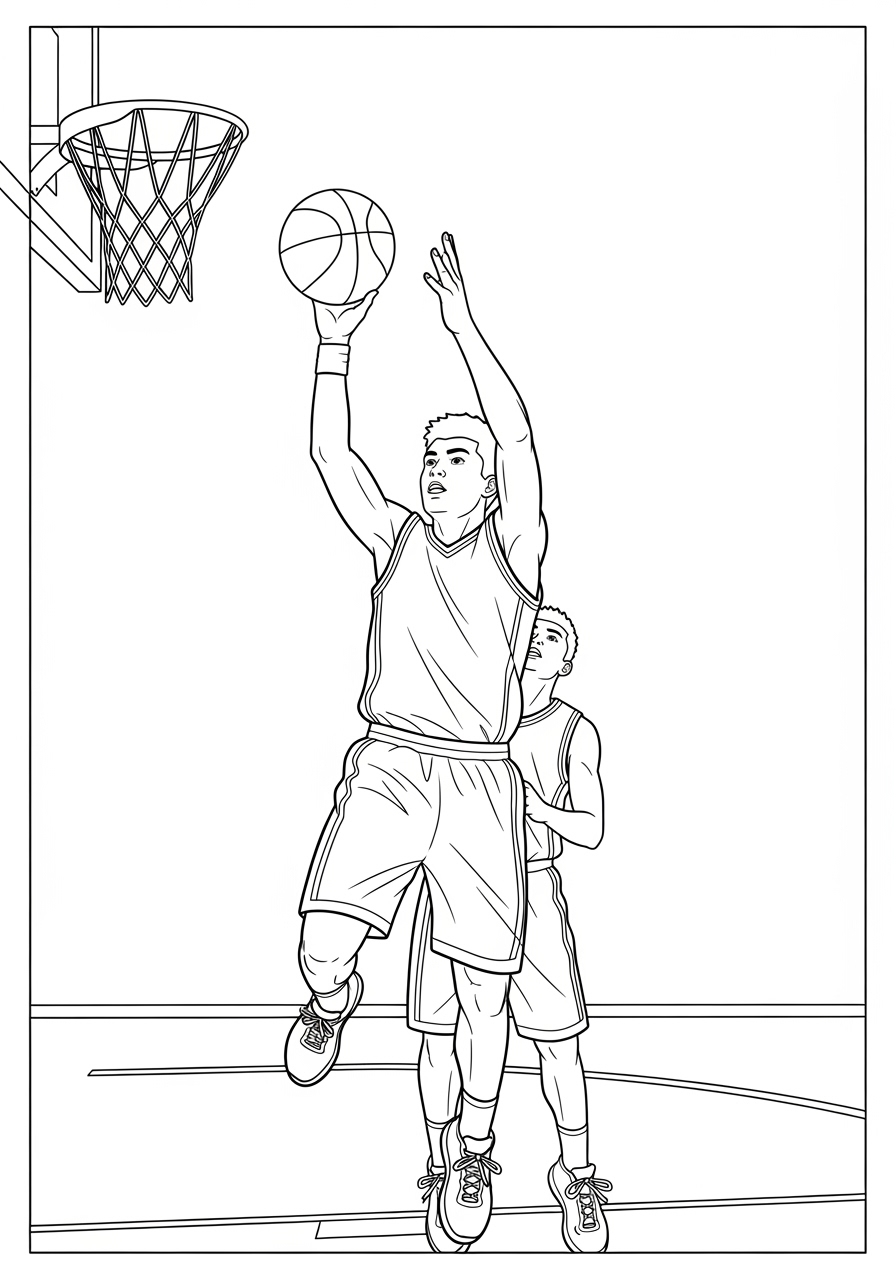 Desenho de dois jogadores de basquetebol a ponto de cortar para colorir