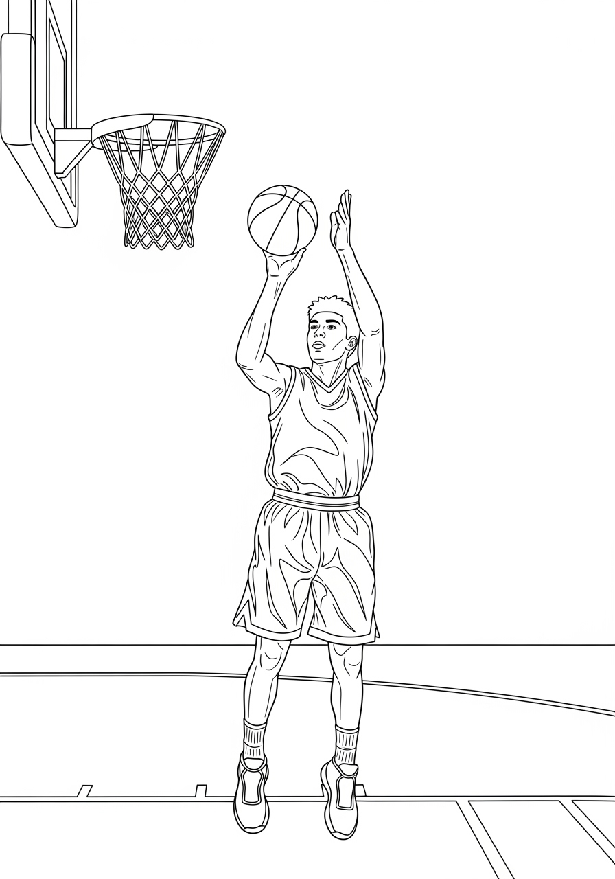 Desenho de Basquetebol com jogador arremessando para colorir